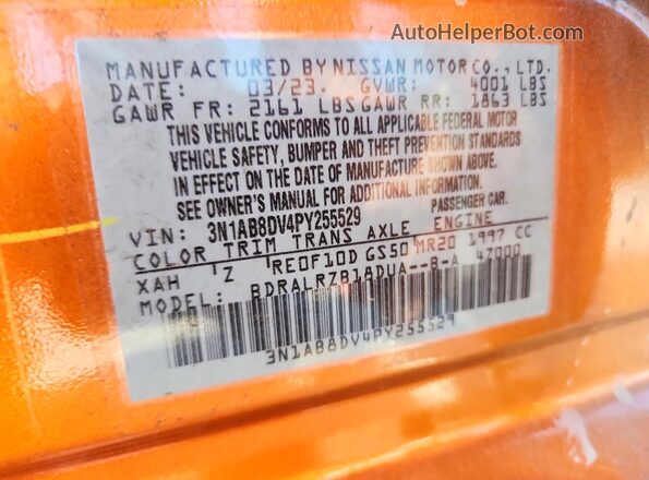 3N1AB8DV4PY255529 2023 NISSAN SENTRA Orange VIN կոդի պիտակի տեսք