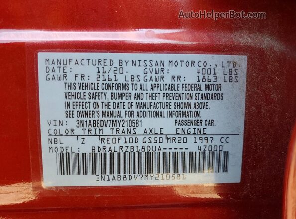 3N1AB8DV7MY210581 2021 NISSAN SENTRA Red VIN კოდის სტიკერის ხედი