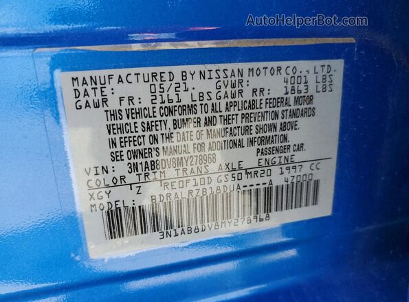 3N1AB8DV8MY278968 2021 NISSAN SENTRA Blue Widok komory silnika
