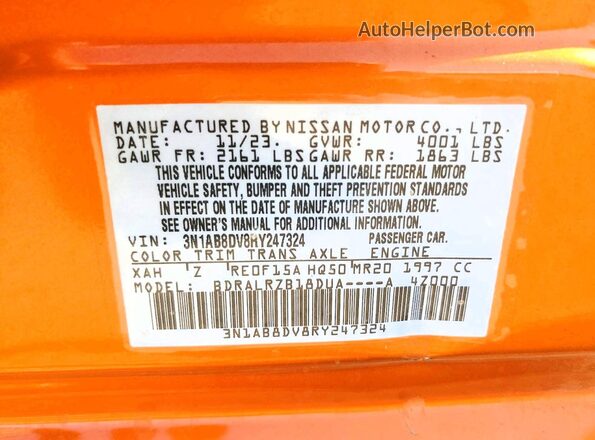 3N1AB8DV8RY247324 2024 NISSAN SENTRA Orange Vista de la etiqueta del VIN