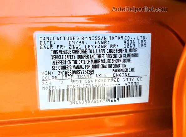 3N1AB8DV8SY234269 2025 NISSAN SENTRA Orange Vista de la etiqueta del VIN