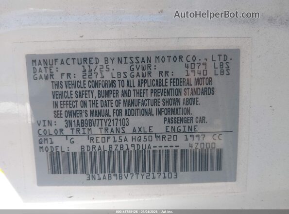 3N1AB9BV7TY217103 2026 NISSAN SENTRA White Widok komory silnika