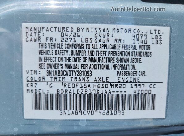 3N1AB9CV0TY281093 2026 NISSAN SENTRA Gray VIN კოდის სტიკერის ხედი