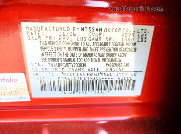 3N1AB9CV6TY233839 2026 NISSAN SENTRA Red VIN კოდის სტიკერის ხედი