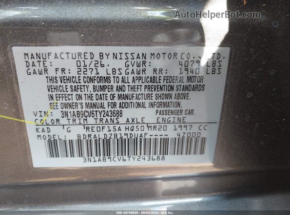 3N1AB9CV6TY243688 2026 NISSAN SENTRA Gray Вид підкапотного простору
