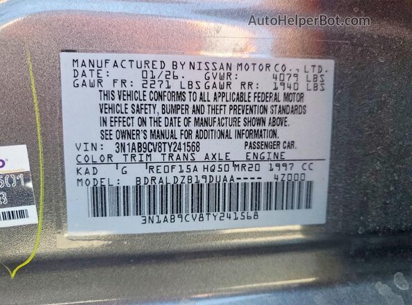 3N1AB9CV8TY241568 2026 NISSAN SENTRA Gray Widok naklejki z numerem VIN