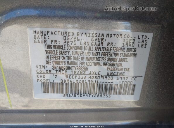 3N1AB9DV4TY288255 2026 NISSAN SENTRA Gray Շարժիչի բաժամունքի տեսք