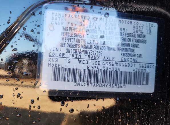 3N1CB7AP0HY319169 2017 NISSAN SENTRA Черный Вид наклейки с VIN-кодом