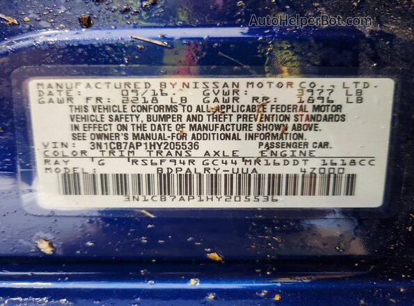 3N1CB7AP1HY205536 2017 NISSAN SENTRA Blue Engine compartment view