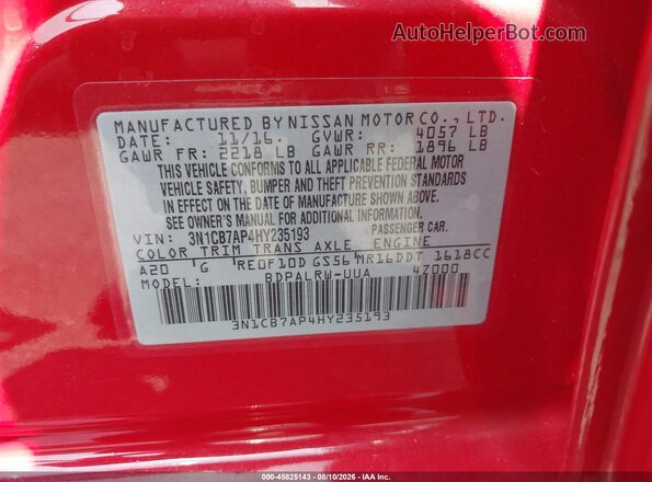 3N1CB7AP4HY235193 2017 NISSAN SENTRA Red Engine compartment view