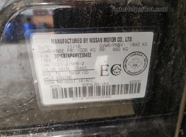 3N1CB7AP4HY238482 2017 NISSAN SENTRA Black Вид підкапотного простору