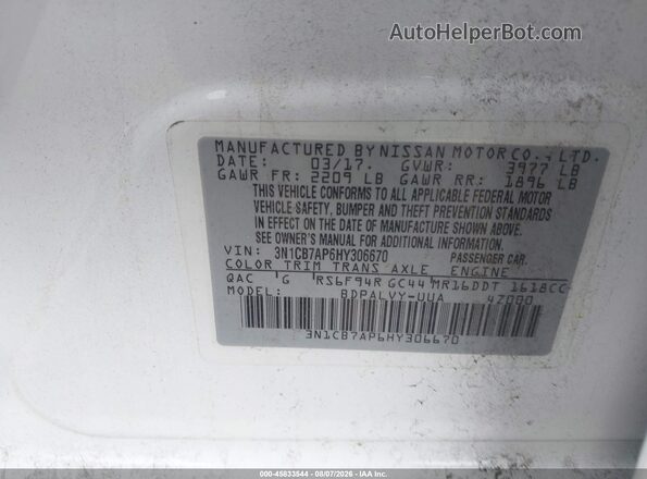 3N1CB7AP6HY306670 2017 NISSAN SENTRA White Вид підкапотного простору