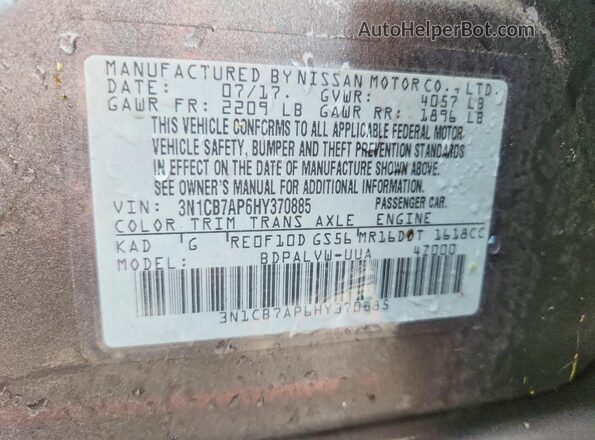3N1CB7AP6HY370885 2017 NISSAN SENTRA Gray Widok naklejki z numerem VIN