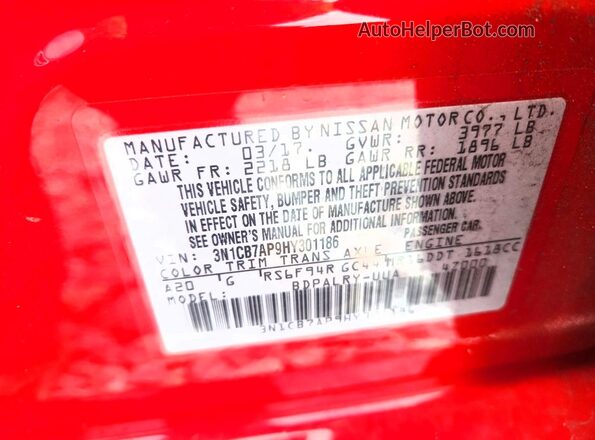 3N1CB7AP9HY301186 2017 NISSAN SENTRA Red Շարժիչի բաժամունքի տեսք