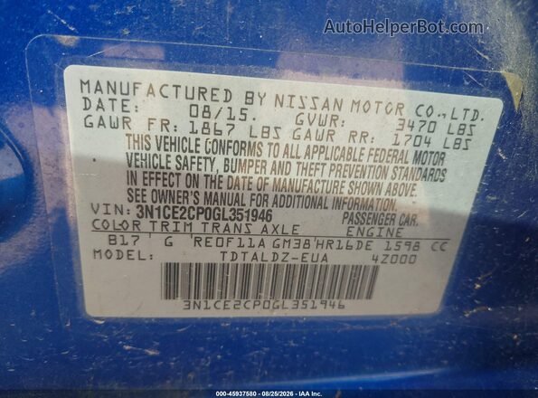 3N1CE2CP0GL351946 2016 NISSAN VERSA NOTE Blue Engine compartment view