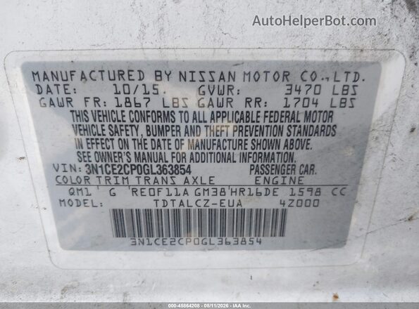 3N1CE2CP0GL363854 2016 NISSAN VERSA NOTE White Widok komory silnika