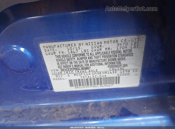 3N1CE2CP0GL365667 2016 NISSAN VERSA NOTE Blue Вид підкапотного простору
