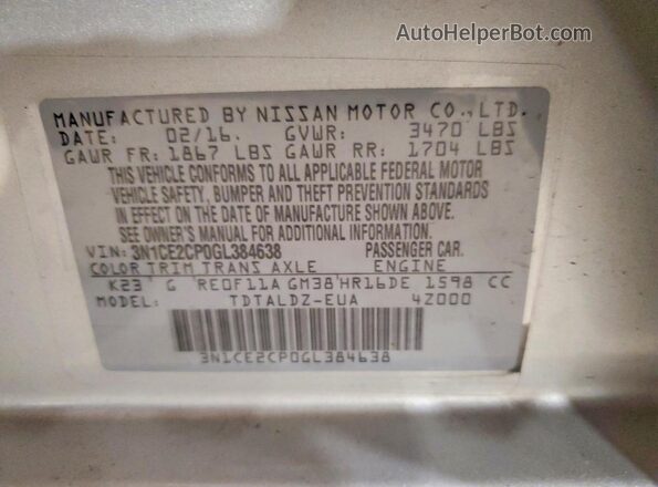 3N1CE2CP0GL384638 2016 NISSAN VERSA Silver Вид наклейки з VIN-кодом