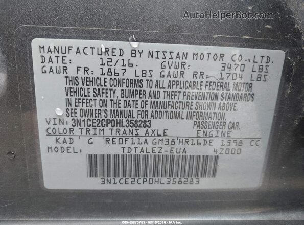3N1CE2CP0HL358283 2017 NISSAN VERSA NOTE Gray Շարժիչի բաժամունքի տեսք
