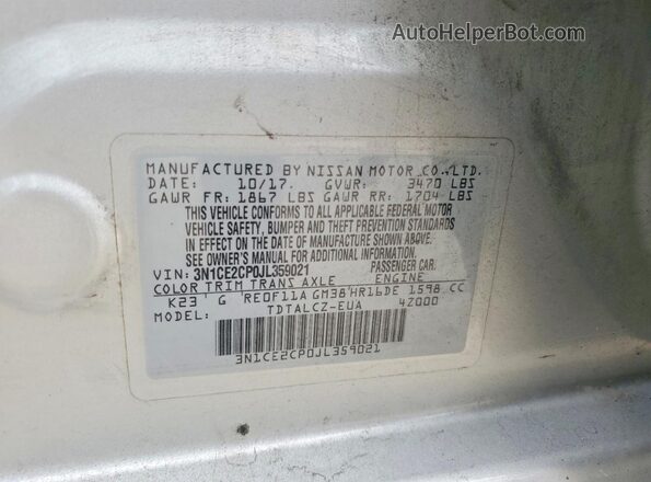 3N1CE2CP0JL359021 2018 NISSAN VERSA Silver ძრავის განყოფილების ხედი
