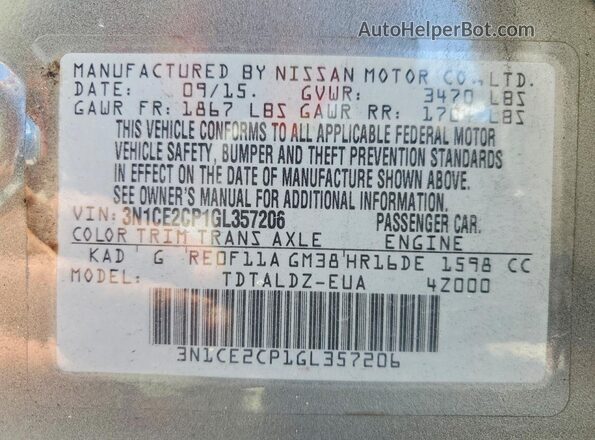 3N1CE2CP1GL357206 2016 NISSAN VERSA Gray Вид наклейки з VIN-кодом