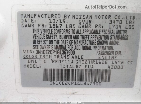 3N1CE2CP1GL367900 2016 NISSAN VERSA NOTE White Widok komory silnika