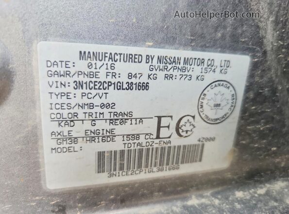 3N1CE2CP1GL381666 2016 NISSAN VERSA Charcoal Շարժիչի բաժամունքի տեսք
