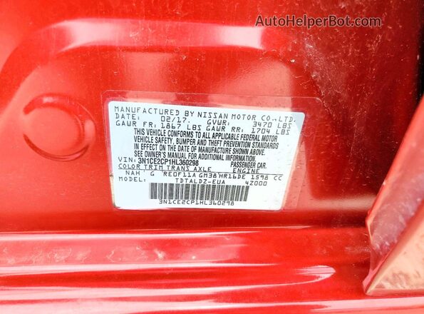 3N1CE2CP1HL360298 2017 NISSAN VERSA Red ძრავის განყოფილების ხედი