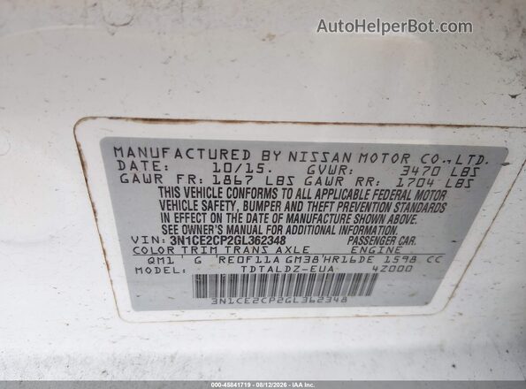 3N1CE2CP2GL362348 2016 NISSAN VERSA NOTE White Widok komory silnika