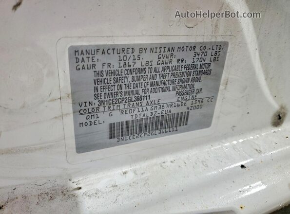 3N1CE2CP2GL366111 2016 NISSAN VERSA White Вид підкапотного простору