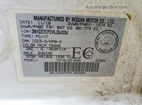 3N1CE2CP2HL354204 2017 NISSAN VERSA White Widok komory silnika