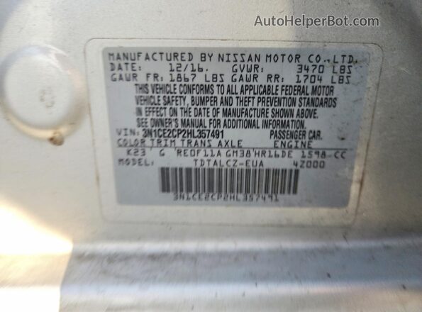 3N1CE2CP2HL357491 2017 NISSAN VERSA Серебряный Вид наклейки с VIN-кодом
