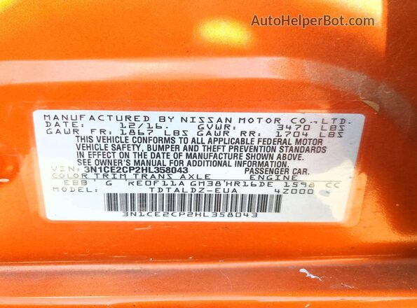 3N1CE2CP2HL358043 2017 NISSAN VERSA Orange Engine compartment view