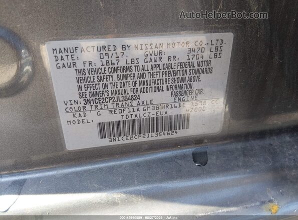 3N1CE2CP2JL354824 2018 NISSAN VERSA NOTE Gray Вид підкапотного простору