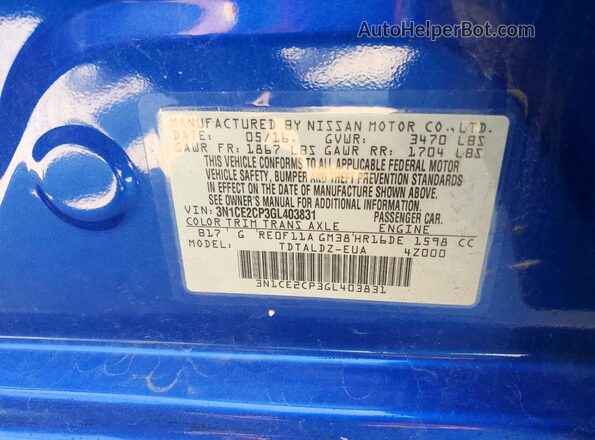 3N1CE2CP3GL403831 2016 NISSAN VERSA Blue ძრავის განყოფილების ხედი