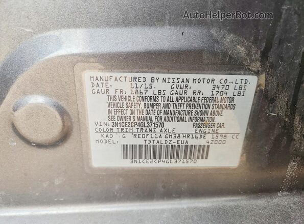3N1CE2CP4GL371570 2016 NISSAN VERSA Gray Շարժիչի բաժամունքի տեսք