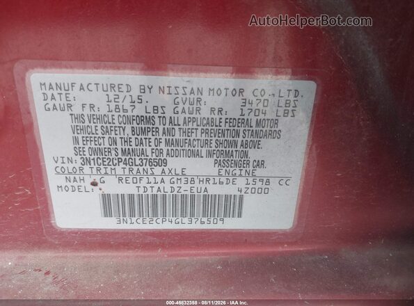 3N1CE2CP4GL376509 2016 NISSAN VERSA NOTE Red Engine compartment view