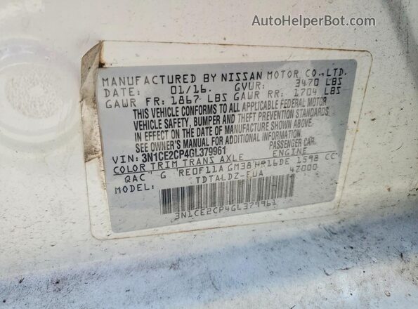 3N1CE2CP4GL379961 2016 NISSAN VERSA White 