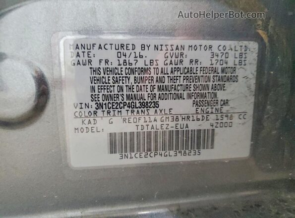 3N1CE2CP4GL398235 2016 NISSAN VERSA Gray Vista de la etiqueta del VIN
