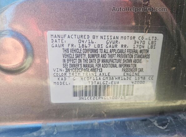 3N1CE2CP4GL400713 2016 NISSAN VERSA Silver Շարժիչի բաժամունքի տեսք