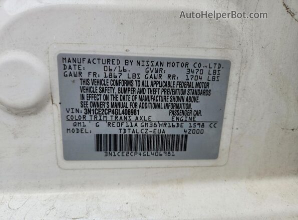 3N1CE2CP4GL406981 2016 NISSAN VERSA White Engine compartment view