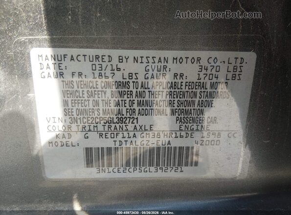 3N1CE2CP5GL392721 2016 NISSAN VERSA NOTE Gray ძრავის განყოფილების ხედი