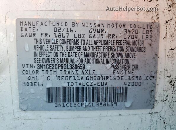 3N1CE2CP6GL388659 2016 NISSAN VERSA White Widok komory silnika