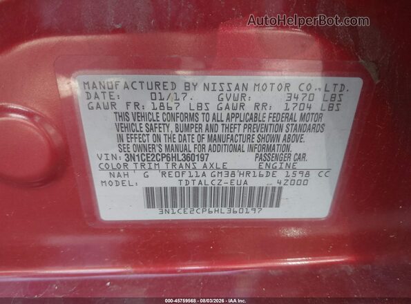 3N1CE2CP6HL360197 2017 NISSAN VERSA NOTE Red ძრავის განყოფილების ხედი
