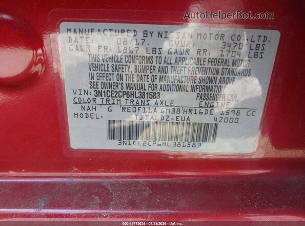 3N1CE2CP6HL381583 2017 NISSAN VERSA NOTE Red ძრავის განყოფილების ხედი
