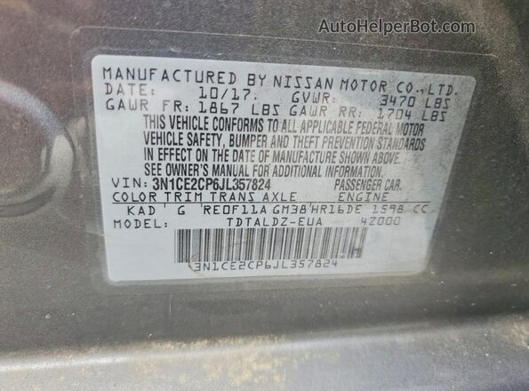 3N1CE2CP6JL357824 2018 NISSAN VERSA Серый Вид наклейки с VIN-кодом