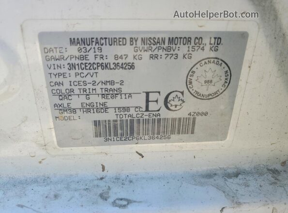 3N1CE2CP6KL364256 2019 NISSAN VERSA White Vista del compartimento del motor