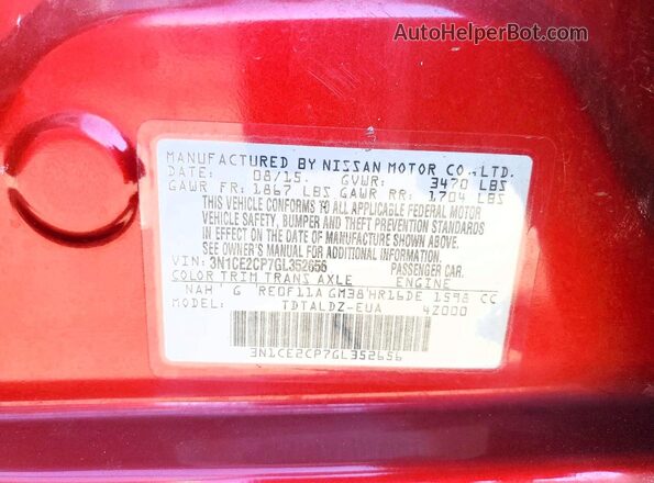 3N1CE2CP7GL352656 2016 NISSAN VERSA Бордовый Вид подкапотного пространства