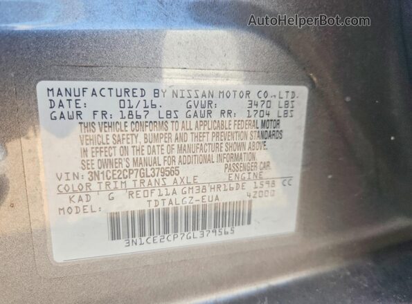 3N1CE2CP7GL379565 2016 NISSAN VERSA Gray ძრავის განყოფილების ხედი