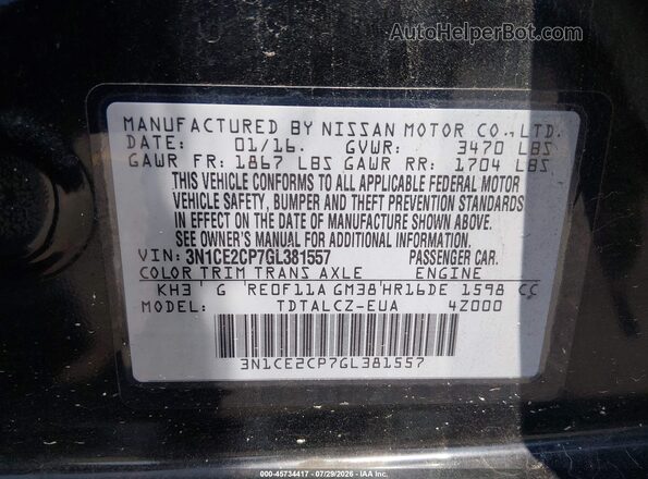 3N1CE2CP7GL381557 2016 NISSAN VERSA NOTE Black ძრავის განყოფილების ხედი